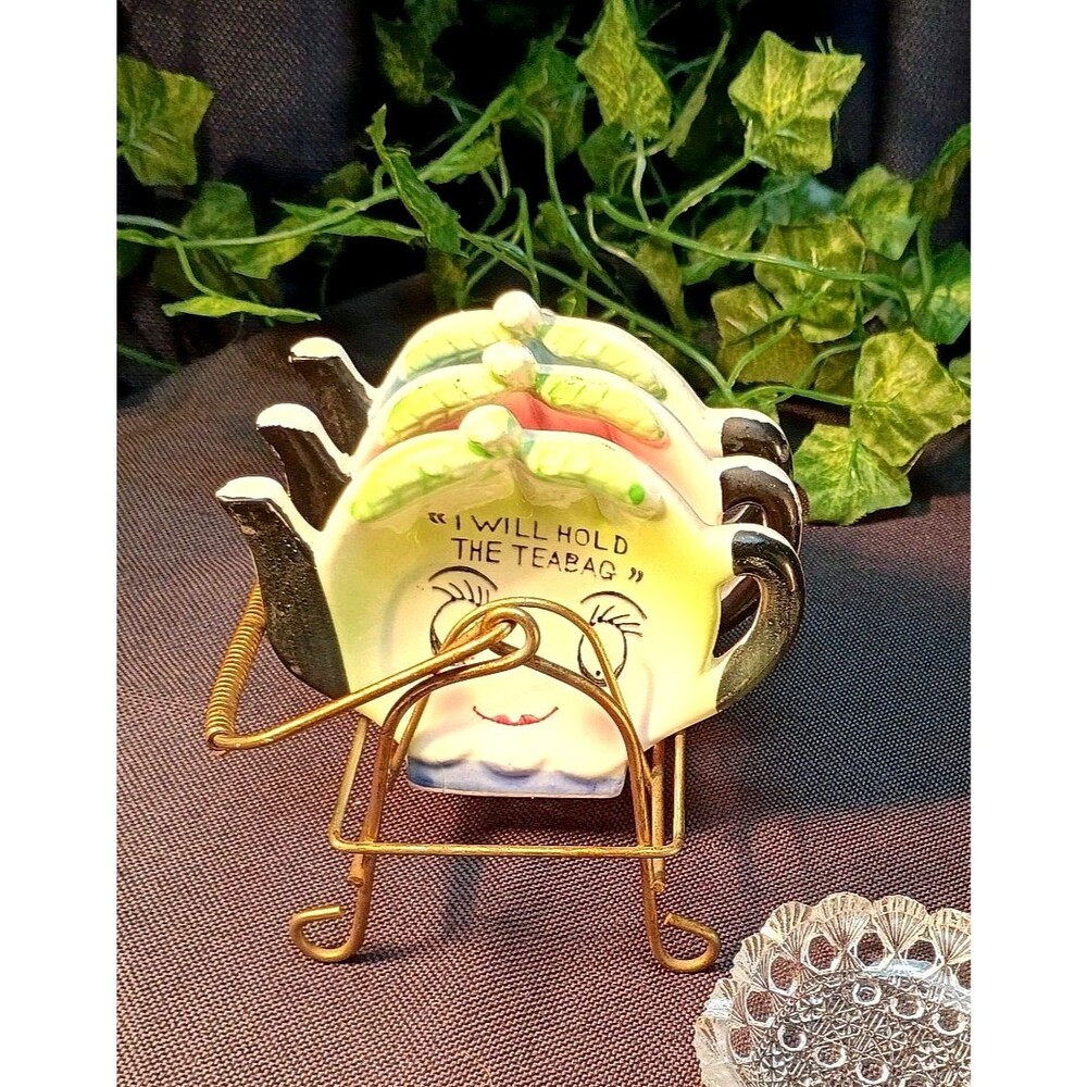 3 Vintage Anthropomorphic Tea Bag Holder "I Will Hold The Tea Bag" & Brass Tray